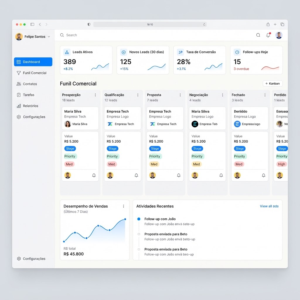 Dashboard do CRM com funil comercial, indicadores de conversão e follow-ups do dia