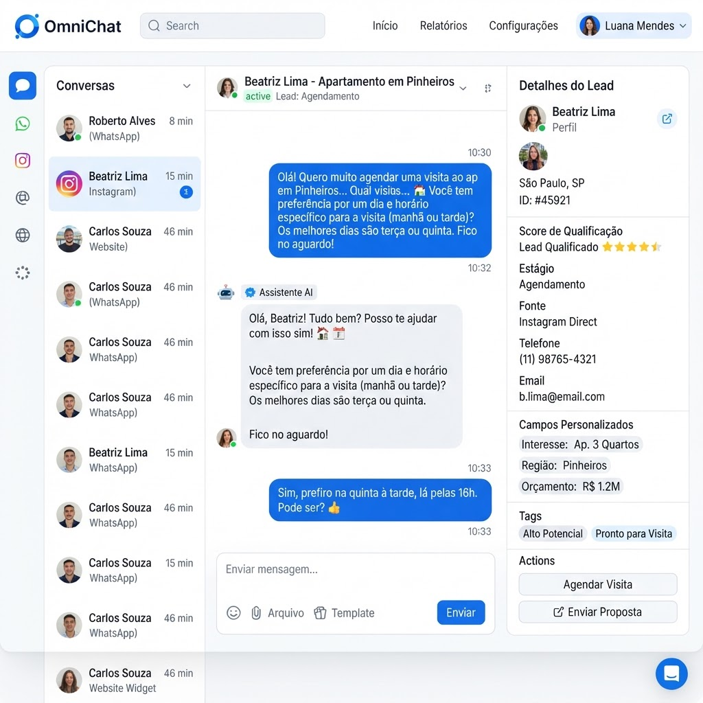 Tela da central omnichannel com conversas de WhatsApp, Instagram e site respondidas pela IA